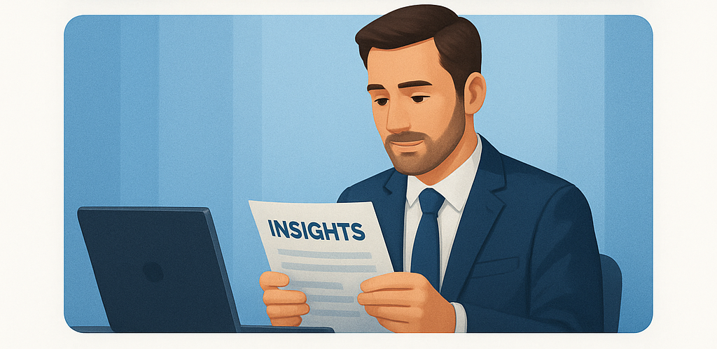 Gestor vendo dashboards com métricas e sugestões estratégicas